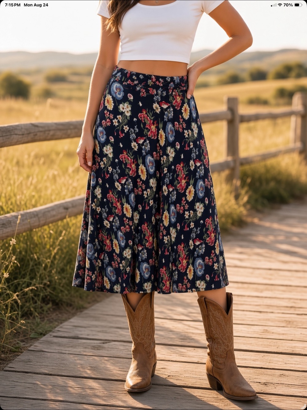 Floral Midi Herman Geist vintage Navy skirt with Multi-Color Floral Print